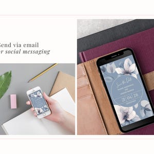 Elegant paperless wedding save the date in blue with ethereal floral design, shown on a smartphone - send this evite via social media or messaging
