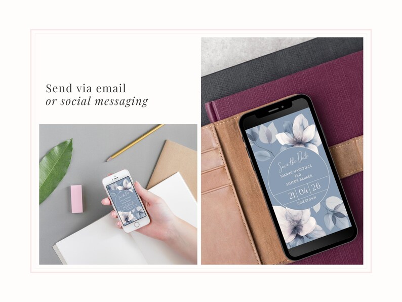 Elegant paperless wedding save the date in blue with ethereal floral design, shown on a smartphone - send this evite via social media or messaging