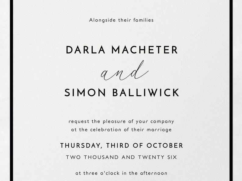 Close-up view of the typographic Modern Border wedding invitation template