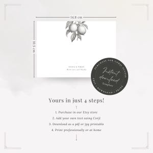 La Scorza wedding thank you card shown with design with space for writing, lemon detail, and couples names. Instant download - yours in 4 steps: purchase, edit online, download, and print yourself