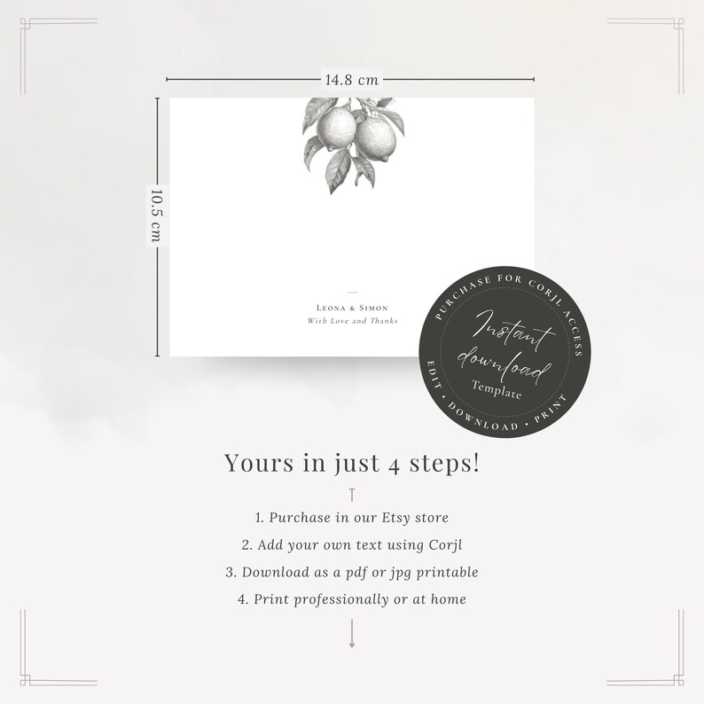 La Scorza wedding thank you card shown with design with space for writing, lemon detail, and couples names. Instant download - yours in 4 steps: purchase, edit online, download, and print yourself