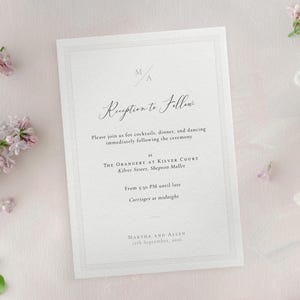 Modèle de carte de réception intemporelle, Bordée élégante pour mariage A6 + intercalaires 4 x 6, avec variantes pour faire-part de soirée, Modifiable Corjl | Essence CR104