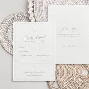 Plantilla elegante para tarjeta de confirmación de asistencia de boda, minimalista, en tamaños A6, 4x6 y 3.5x5", editable e imprimible. Descarga instantánea a través de Corjl/Essence CR104