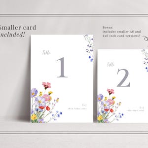 Wedding table number with vibrant floral design, shown in 5x7 and A6 sizes
