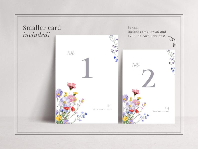 Wedding table number with vibrant floral design, shown in 5x7 and A6 sizes