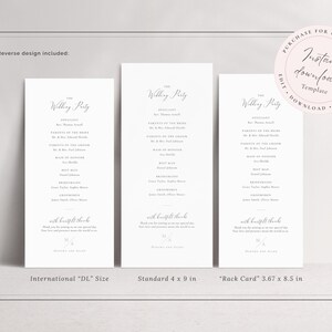 Instant download template set, includes multiple wedding program card sizes including DL, 4x9 and Rack Card sizes. Reverse of cards shown with custom wedding party details and thank you message.