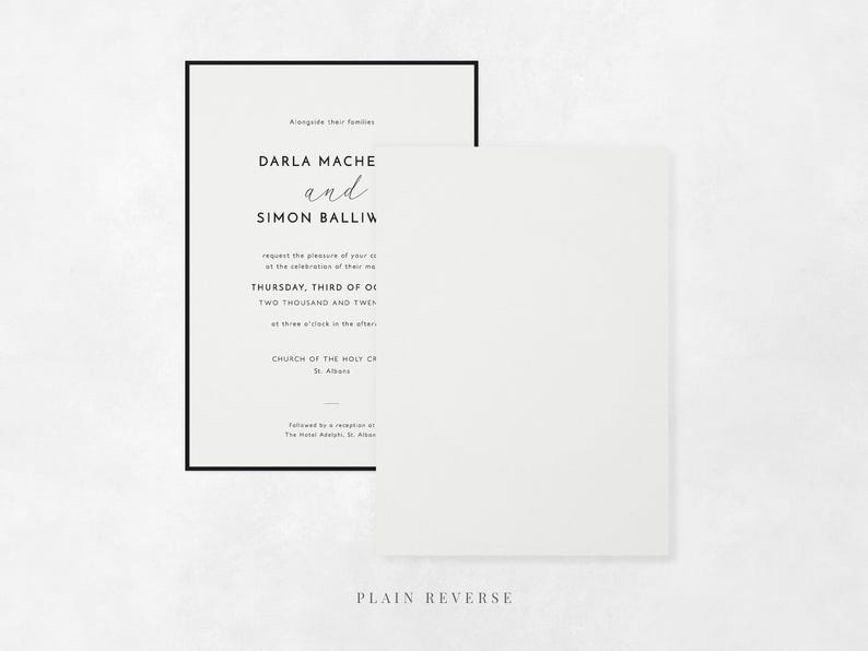 Modern Border wedding invitation design showing plain reverse