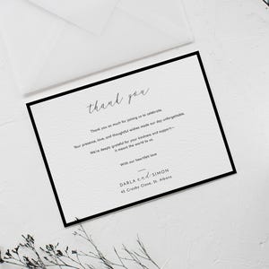 de remerciement pour mariage avec bordure noire, design minimaliste moderne, modèles modifiables A6 et 4 x 6, cartes pour correspondance avec message personnalisé | CR116