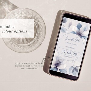 Ethereal bloom circle evite template in ivory shown on a smartphone - Etsy listing includes both the ivory version and a blue version
