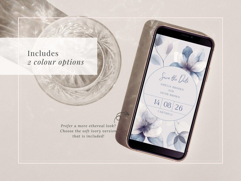 Ethereal bloom circle evite template in ivory shown on a smartphone - Etsy listing includes both the ivory version and a blue version