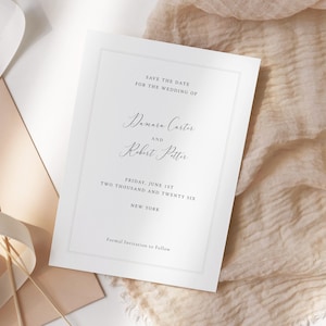 Plantilla pequeña y elegante para guardar la fecha, anuncio de boda minimalista, tarjeta imprimible en formato ISO A6 y 4x6, editada con Corjl/Essence CR104