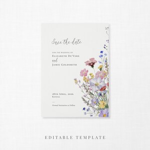 English wildflower wedding save the date card template to personalise and print at home
