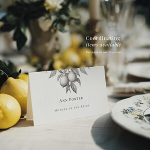 Coordinating La Scorza collection monochrome citrus items available, including these folded place cards. Place card is shown at a romantic Summer place setting with a plate in the foreground and lemons decorating the table.