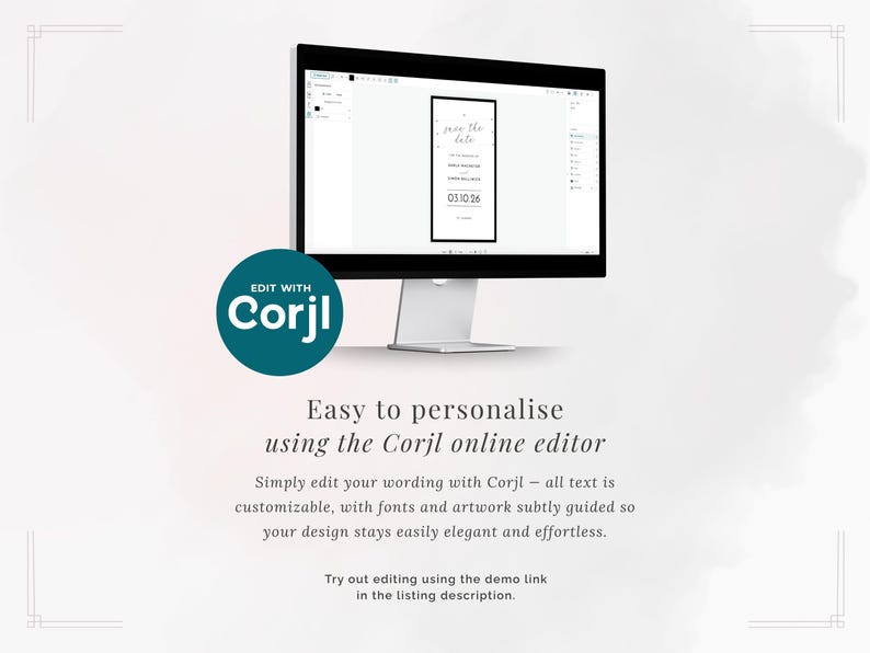 Graphic of the Monochrome Border evite save the date being edited for a wedding using the Corjl editor online - try it yourself using the demo link