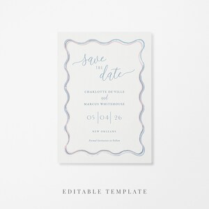 Wiggle wavy border wedding save the date editable template in pastel