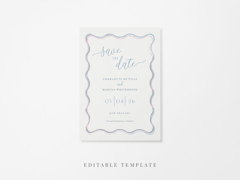 Wiggle wavy border wedding save the date editable template in pastel