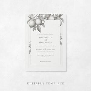 La Scorza grey and white lemon wedding invitation editable template