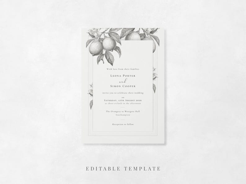 La Scorza grey and white lemon wedding invitation editable template