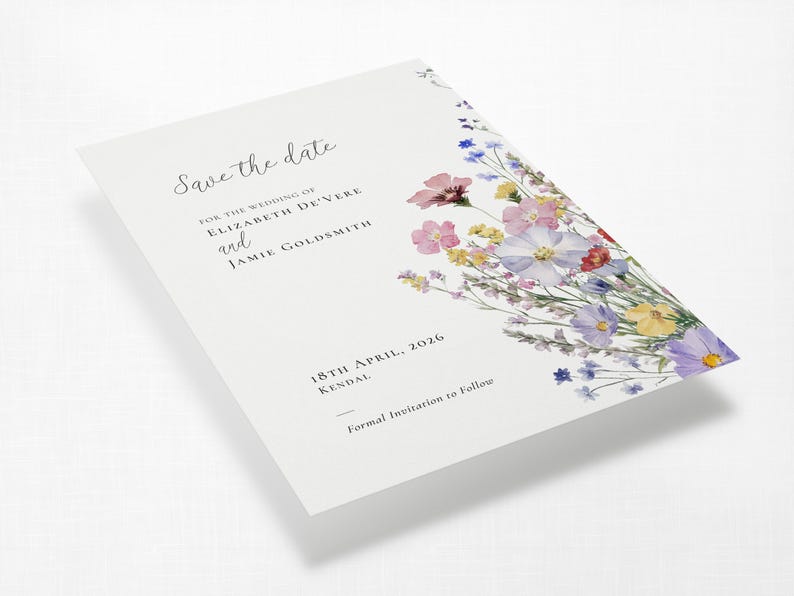 Meadow Blossom wildflower wedding save the date card shown at an angle