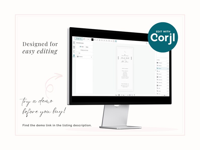 Edit using the Corjl editor - designed for easy editing, try the demo before you buy