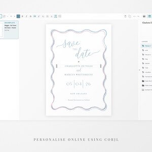 Personalise your pastel Wiggle wavy border save the date card using Corjl online