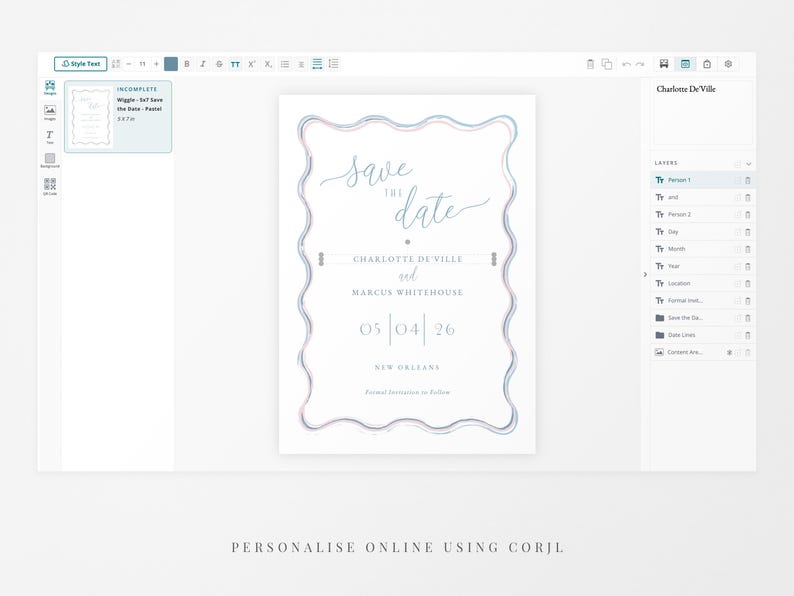 Personalise your pastel Wiggle wavy border save the date card using Corjl online