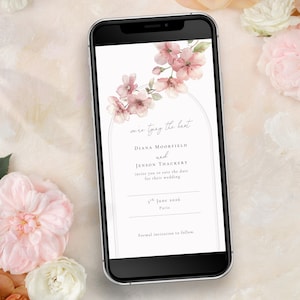 Modello di invito per smartphone "Save the Date" con fiori di ciliegio, annuncio di matrimonio digitale romantico e delicato, modificabile con Corjl / Blossom Serenade CR111