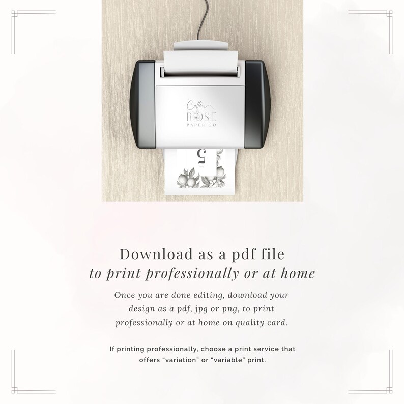 The La Scorza collection wedding table number being printed out on a home printer. Download as a PDF or JPG and print professionally or at home.