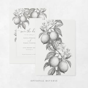 Full-bleed lemon reverse backer design included - La Scorza wedding save the date card template