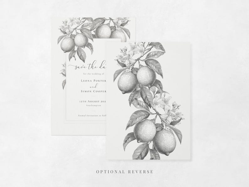 Full-bleed lemon reverse backer design included - La Scorza wedding save the date card template