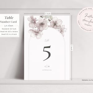 Table number card editable template in 5x7 inch size, elegant cherry blossom arch design in soft blush pink - instant download template set including A6 and 4x6 versions