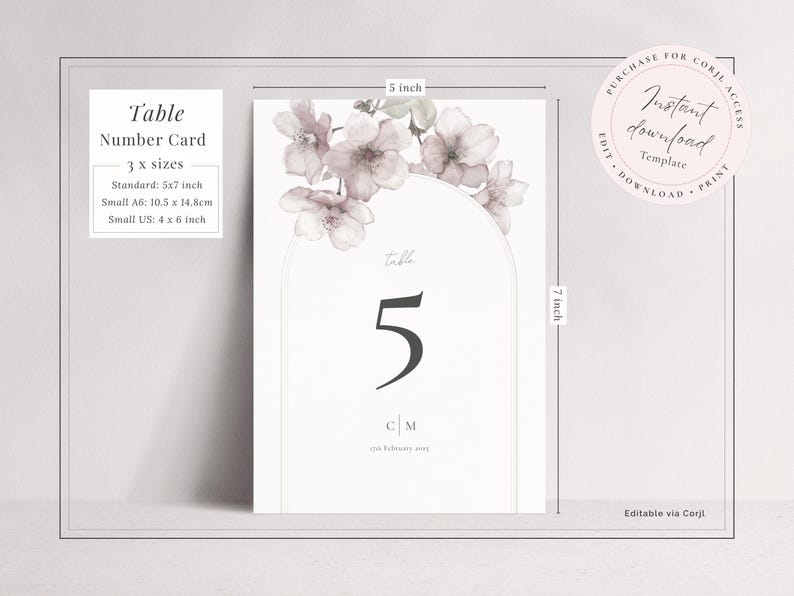 Table number card editable template in 5x7 inch size, elegant cherry blossom arch design in soft blush pink - instant download template set including A6 and 4x6 versions