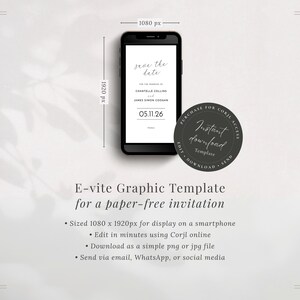 E-vite save the date graphic template instant download with modern black border design shown on a smartphone