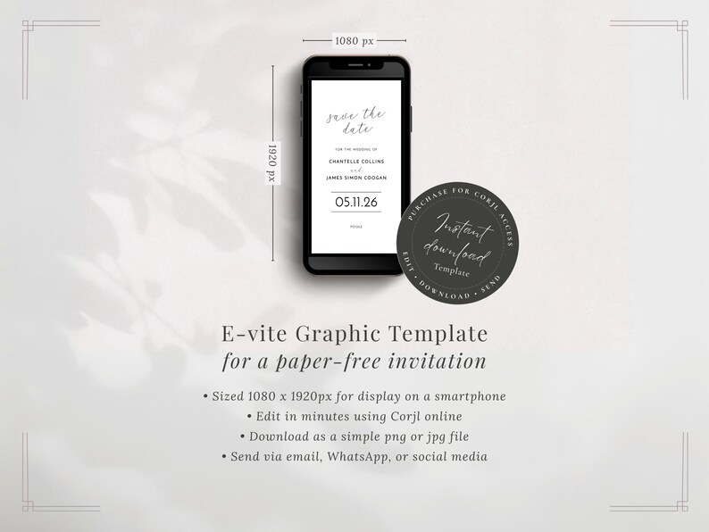 E-vite save the date graphic template instant download with modern black border design shown on a smartphone