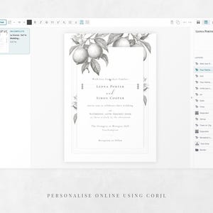 Lemon wedding invitation editable template being personalised using Corjl online
