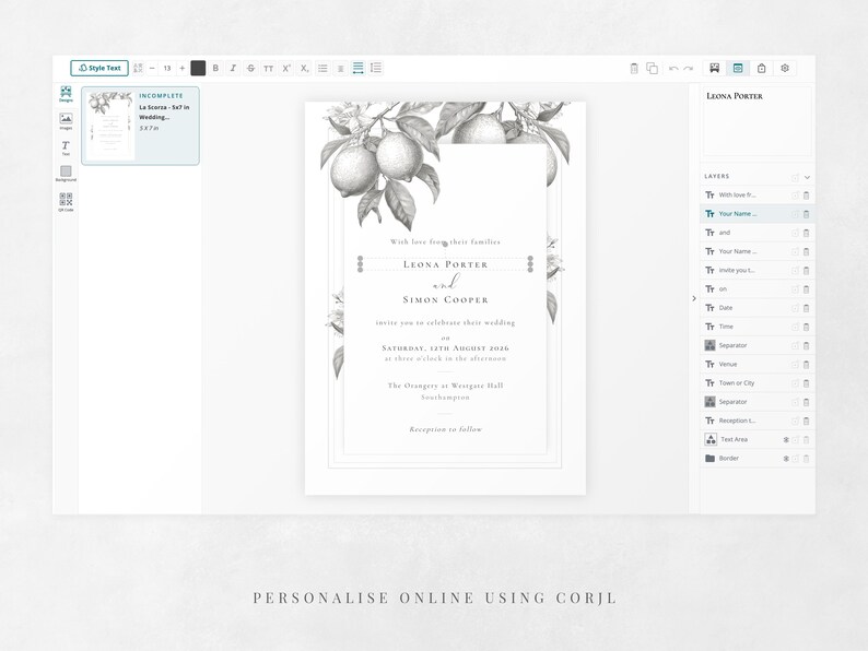 Lemon wedding invitation editable template being personalised using Corjl online
