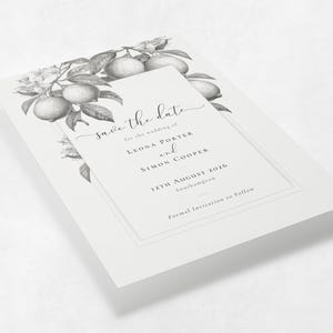 Italian lemon save the date card shown at an angle