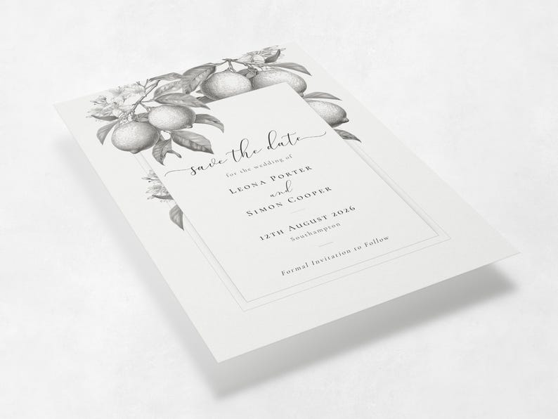 Italian lemon save the date card shown at an angle