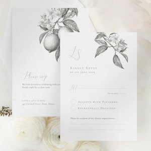 Plantilla de tarjeta de respuesta de boda con diseño de flor de limón, tamaños A6 y 4x6 + 4 barras, papel de boda con temática de cítricos toscanos, tarjeta de respuesta elegante / La Scorza CR107