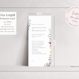 Tea length order of service program template with wildflower design - instant download editable template