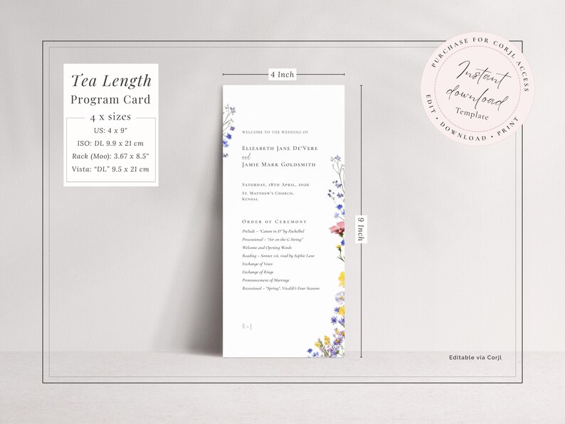 Tea length order of service program template with wildflower design - instant download editable template