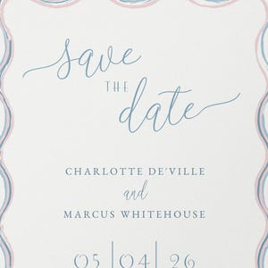 Close up detail of the Wiggle collection wedding save the date card in pastel