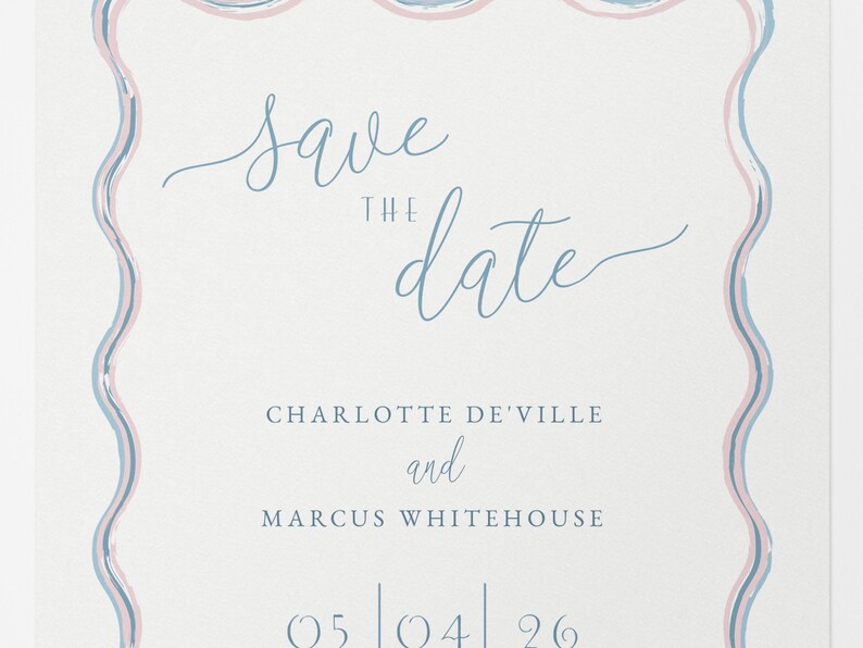 Close up detail of the Wiggle collection wedding save the date card in pastel