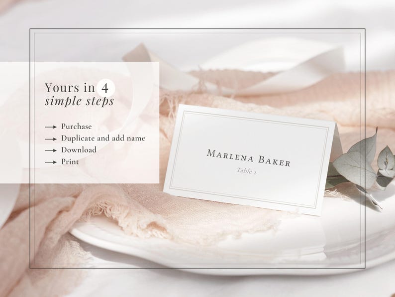 Minimalist border wedding place card downloadable template - purchase, edit in Corjl, download and print.