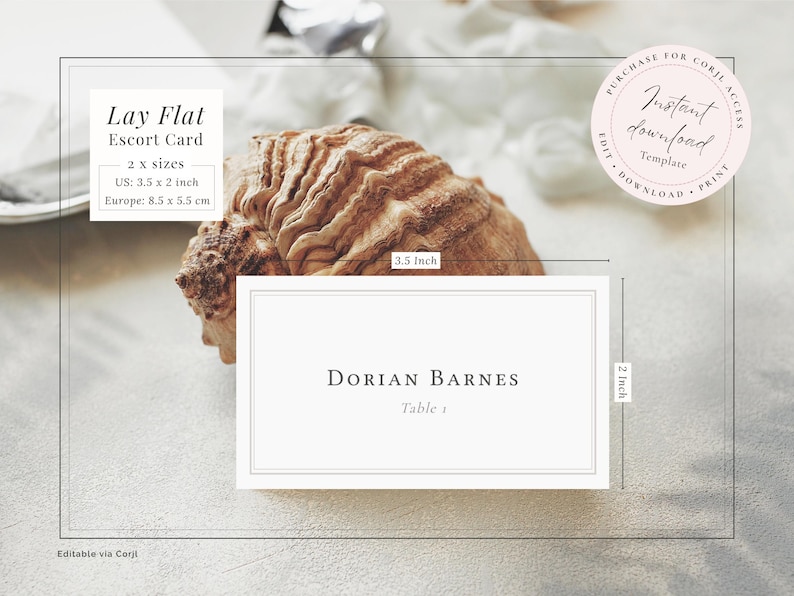 Border design elegant wedding escort card template in US 3.5 x 2 inch and ISO business card sizes - editable instant download templates.
