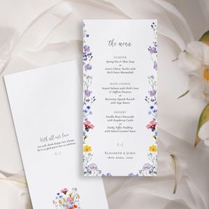 Plantilla de menú de boda con flores silvestres, menú imprimible de recepción de tamaño té, tarjeta de menú de flores de primavera (Corjl) descargable / Meadow Blossom CR102