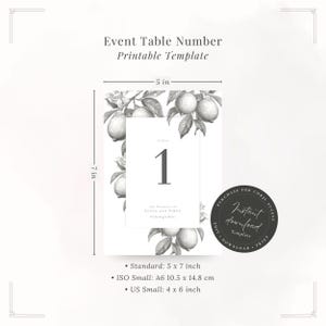Event table number printable template in 5x7 inch size with Tuscan lemon botanical design. Instant download including A6 and 4x6 sizes.