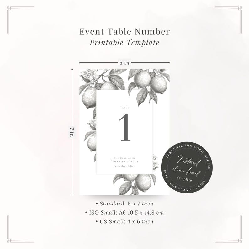 Event table number printable template in 5x7 inch size with Tuscan lemon botanical design. Instant download including A6 and 4x6 sizes.