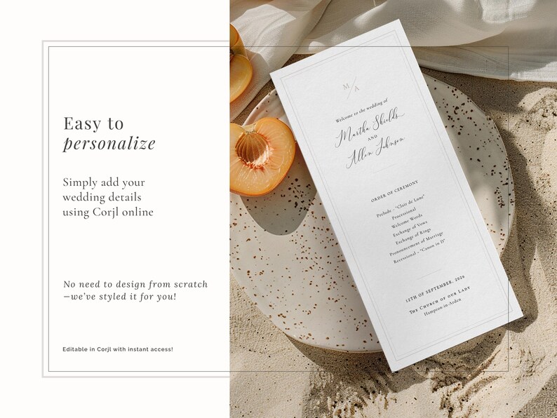 Timeless wedding ceremony program card in off-white for a refined look. Easy to personalise with your own text.