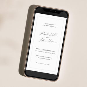 Invito elettronico Save the Date per smartphone minimalista classico, modello modificabile per annuncio di matrimonio Corjl, design senza tempo senza carta / Essence CR104